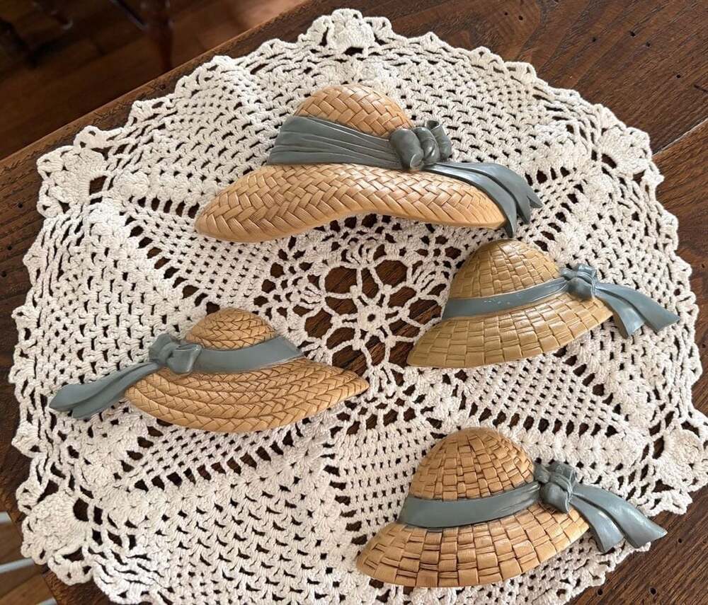 Vintage Homco Straw Hat Wall Plaques with Blue Ribbons, Set of 4